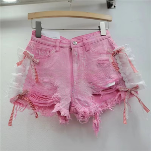 Shorts en jean amples et mignons pour <span class=keywords><strong>femme</strong></span>, taille haute, avec dentelle, pour l'été – Effet amincissant, longs, décontractés et élégants - Product Image 3