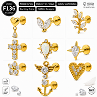 Vente en gros de bijoux de piercing pour cartilage en Titane F136 à dos plat, modèles Labret, clous, boucles d'oreilles, avec Zircon CZ, Opale, Cœur, Croix, Ancre pour Femme