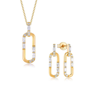 925 <b>Sterling</b> <b>Silver</b> Jewelry <b>Set</b> Gold Plated Zircon Link Chain <b>Earrings</b> Necklace <b>Set</b> Minimalist Bridal Wedding Gift - Product Image 1