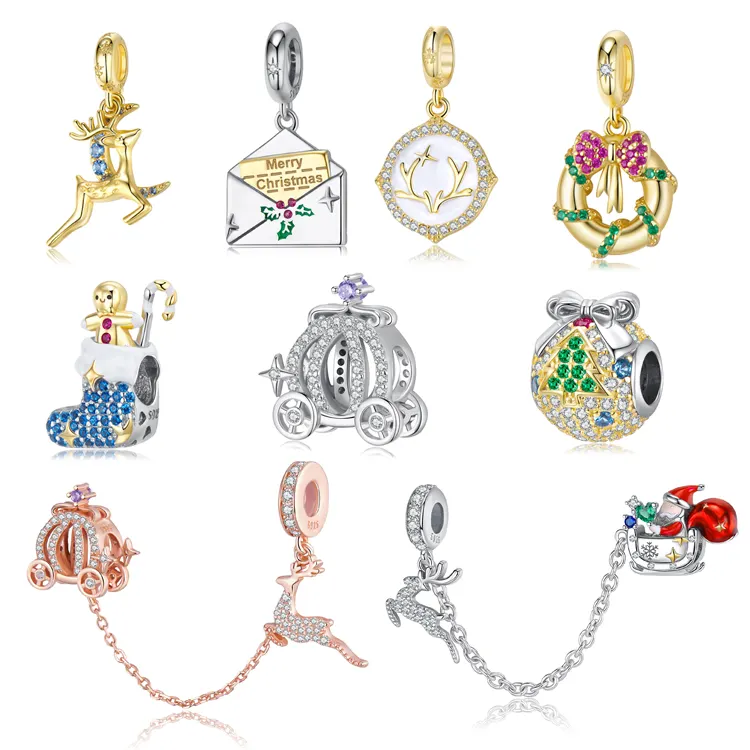 CB-S Christmas Elk Pumpkin Car Crystal Snow Pendant 925 Silver Bracelet Charm Beads Fine Jewelry Making Charm Wholesale