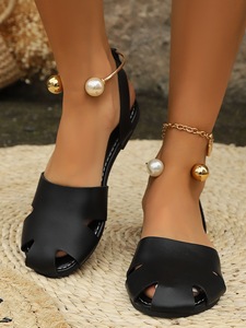 Women Hollow Out <b>Closed</b> <b>Toe</b> Flat <b>Sandals</b> Pearl Metal Ankle Strap Slingback Summer Shoes - Product Image 5
