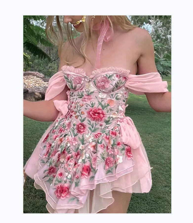 Custom High Quality Patchwork Ruffle Floral Mini Dress Street Style Slim Fit Off Shoulder Women Floral Pattern Print Dress