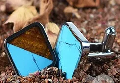 Gemelos personalizados de joyería Gentdes Chapado en plata Titanio Acero Turquesa y incrustaciones de madera Fabricación de joyas Gemelos de lujo para hombres - Product Image 5