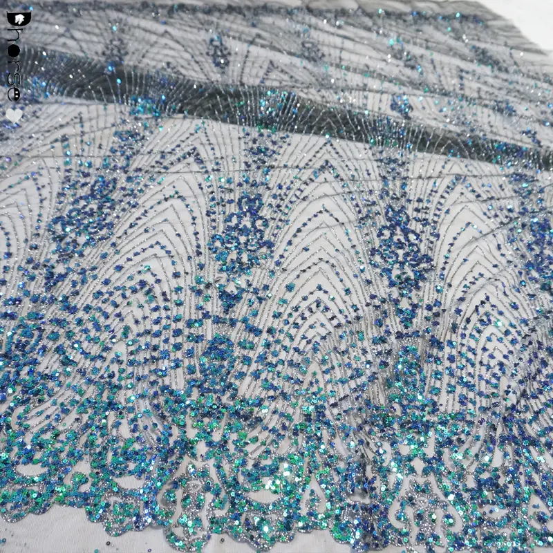 Parte superior de malha com glitter da turquia, tecido de renda brilhante para vestido de noiva