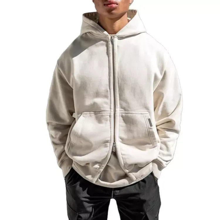 Custom White Mens Fleece Cotton Polyester Jacket Hood Zip Up Jackets For Men Winter