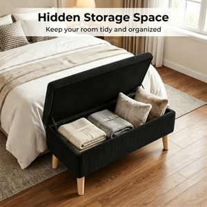 Olive Black Corduroy Storage Ottoman Bench 32 Inch Wide Wooden <b>Legs</b> Flip Top Soft Upholstered End Of Bed - Product Image 3