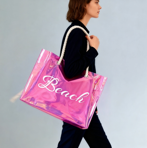 Bolso de compras de diseño holográfico láser iridiscente de PVC grueso con logotipo personalizado con asa de PU a la moda y con estilo - Product Image 3