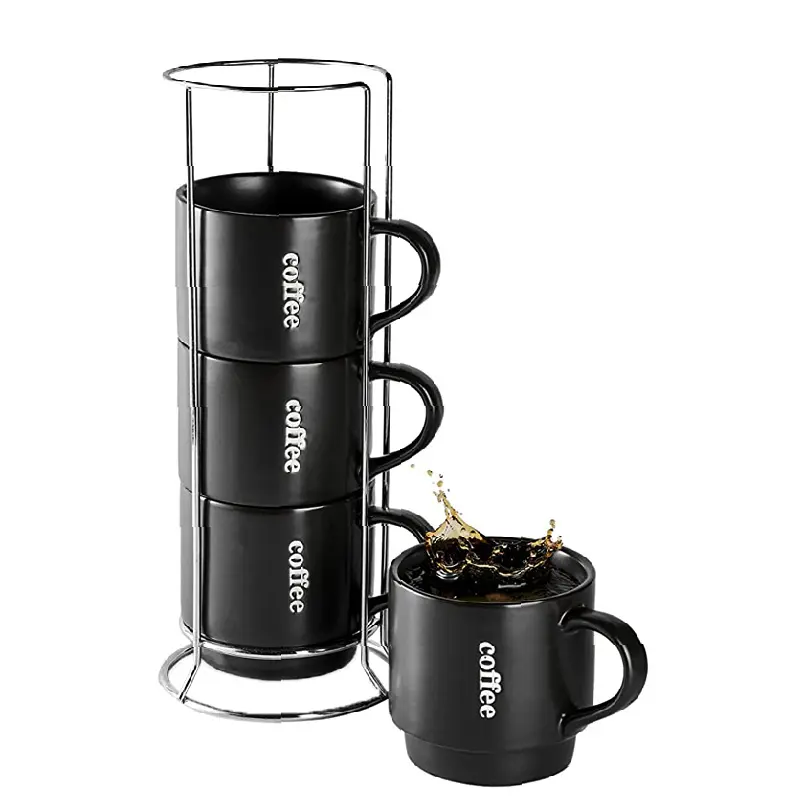 Custom Set of 4 Black Matte Black Stackable Tea Cocoa Milk Gift Mug Set with Rack