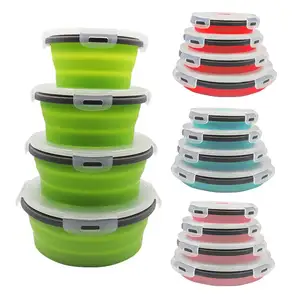 2022 Wholesale 4 Sets Round Shape Foldable Silicone Lunch Box Eco Friendly Bento Lunch Box Reusable Lunch Box For Kids Food