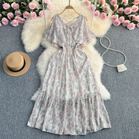 Robe en mousseline de soie florale à manches courtes et col en V pour femmes, robe d'été longue à grande balançoire, sexy, imprimé fleurs cintrées à la taille