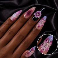 Faux Ongles Personnalisés Papillon Violet à Coller, Forme Amande, Motifs Floraux Gothiques 3D, Effet Ombré Brillant, Gel Noir, Faux Ongles en ABS, Vente en Gros OEM