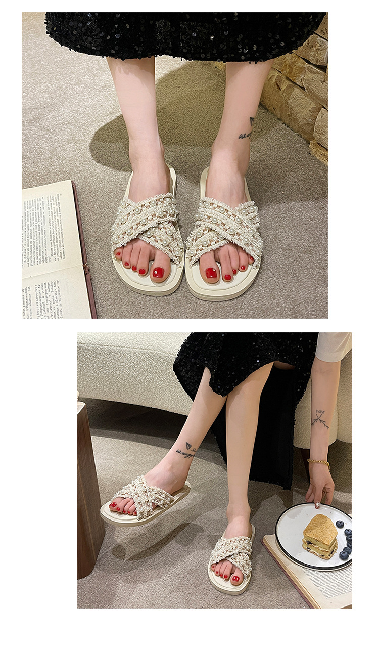Large Size Cross Slippers Women Fashion Shoes 2023 Girls Pearl Thick Sole Sandals