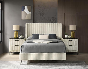 Modern Wide Wale Corduroy Upholstery Panel Queen <b>Bed</b> with 2 Nightstands for Apartment & Hotel Use Furniture Set - Product Image 1