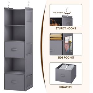 Foldable 5 Tier Hanging Closet <b>Shelf</b> Non-Woven Fabric Closet Organizer with Drawer &2 Strong <b>Hooks</b> Space Saving Wardrobe Storage - Product Image 6