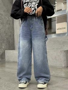 Pantalones de pierna recta con letras bordadas sueltas para niños con cintura elástica, comodidad para todas las estaciones para atuendo informal, cómodo - Product Image 5