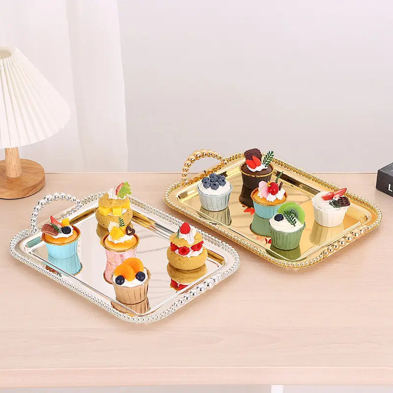 Gold Silver Plated Wedding Party Metal Crafts Serving Tray with Handle for Food Candy Fruit Sweet Decorations