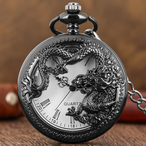 Antique Chinese Zodiac Dragon Retro Quartz Pocket <strong>Watch</strong> with <strong>FOB</strong> Chain Vintage Flip Hollow Pendant Christmas Gift - Product Image 2