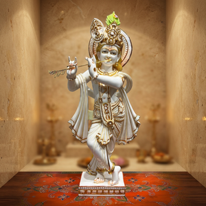 Estatua de Lord Krishna de Mármol Cultivado de 31 Pulgadas |   Ídolo de Krishna Blanco y Dorado Hecho a Mano para Templo en Casa, Decoración y Regalos - Product Image 2