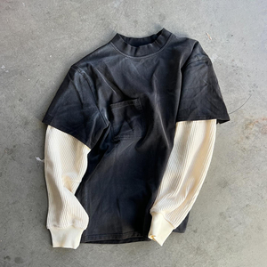 Custom <b>T</b>-<b>shirt</b> Heavyweight Waffle Knit Knitted Fabric Long Sleeve Double Layer <b>Pocket</b> Design Acid Wash Sun Faded Tee Men <b>T</b> <b>Shirt</b> - Product Image 2