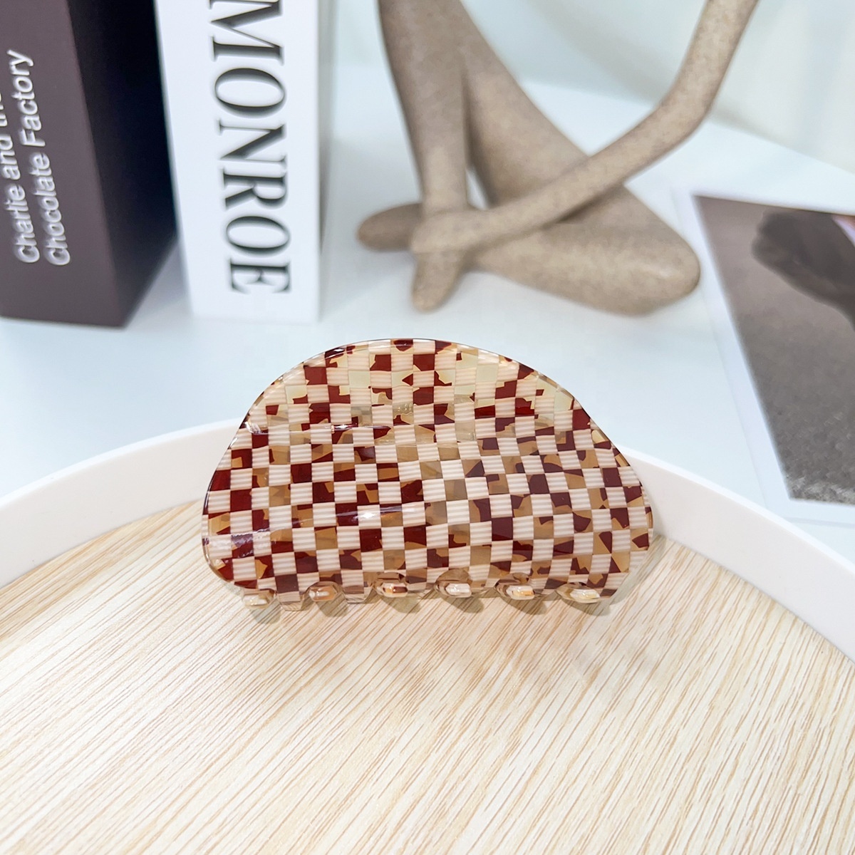 Large Tan Plaid Check Claw Hair Clip Prized Plaid - brown - Paparazzi hair clip – JewelryBlingThing main image 2