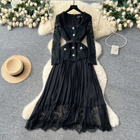 Robe longue plissée élégante pour femme avec empiècements en dentelle, manches longues, ceinture, coupe trapèze, longueur midi, pour le quotidien et les soirées décontractées