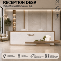 Bureau d'accueil moderne blanc brillant, structure démontable, bande LED bleue, double niveau, pente incurvée pour bureau d'entreprise, personnalisable OEM