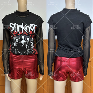 Женский комплект из 3 предметов: майка с графическим принтом, длинный рукав, кружевная прозрачная футболка и шорты из искусственной кожи. Новинка осеннего сезона, повседневный стиль. - Product Image 6