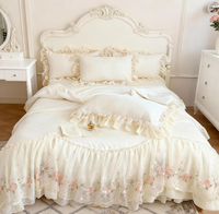 Parure de lit chic française 4 pièces - Coton lavé avec bordure en dentelle romantique, housse de couette avec jupe de lit et taies d'oreiller
