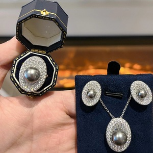 Ensemble collier, bague et boucles d'oreilles en argent sterling S925 avec perle grise de Tahiti Shijia et diamants complets pour femmes, bijoux fins et raffinés - Product Image 2