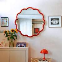 Miroir mural créatif sans perçage en bois de caoutchouc massif, avec éclairage tactile et fonction anti-buée, idéal pour la coiffeuse ou le lavabo, motif floral rouge