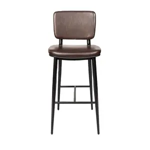 현대 럭셔리 골동품 디자인 카운터 스툴 다크 브라운 가죽 블랙 메탈 프레임 높은 바 의자
