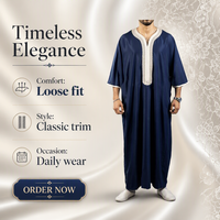 Jubba Marocaine pour Hommes, Thobe Arabe Caftan Fait Main, Longue Robe Bleu Marine avec Délicate Broderie Blanche