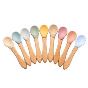 实心硅胶木柄餐具 婴儿训练喂食勺 儿童和幼儿儿童餐饮用品 - Product Image 1