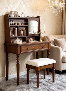 Retro Turned Leg Solid Wood Dressing <b>Table</b> <b>Set</b>, Brown Vanity Desk with Open Storage Rack & Side Mirror + Cushioned <b>Stool</b> for Bed - Product Image 4