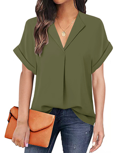 Camicetta da lavoro estiva da donna stile caldo con scollo a V manica corta con risvolto tinta unita blusa personalizzata in taglie forti stile Casual - Product Image 2