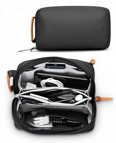 Tech Bag Electronics Organizer Pouch Travel Premium Durable Leather Mesh Pocket Cables Cords Chargers (Black)