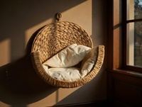 Stilvolles Katzenbett aus Rattan und Wasserhyazinthe - Atmungsaktiver, Gemütlicher Innenkorb für Haustiere