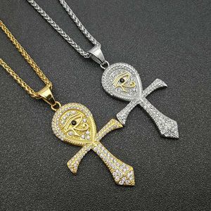 Eye Of Horus Ankh Pendant Necklace Stainless Steel Gold Plated Diamond Encrusted Unisex Hip Hop Jewelry Gift - Product Image 1