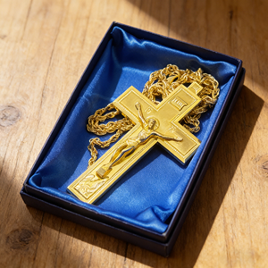Ciondolo Croce Cristiana HT in Metallo Placcato Oro con Incisione 3D, Gioiello Liturgico per Sacerdoti con Catena - Product Image 4