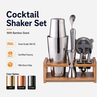 Ensemble de shaker à cocktails personnalisé en acier inoxydable de 800 ml, argent/noir canon/doré/or rose, avec support en bois de bambou, outils de barman