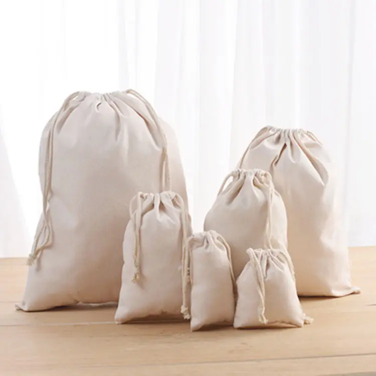 Tissu en coton naturel, sacs en mousseline de coton avec cordon de serrage, logo/design personnalisé, vente en gros