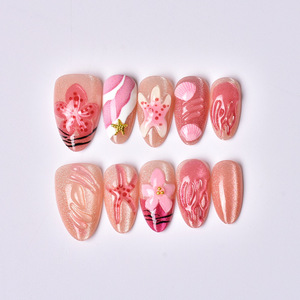 Uñas postizas cortas estilo almendra, color rosa, con diseño 3D de medusa, estrella de mar y flor, uñas artísticas de alta gama. - Product Image 2