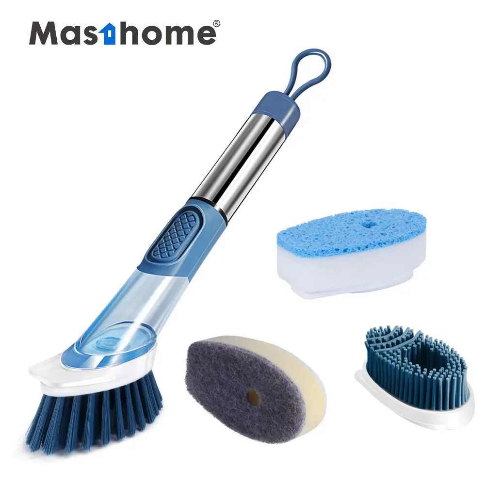 Masthome Durable Kitchen Cleaner 3 Replaceable Cleaning Heads Long Handle Cleaning Soap Dispensing Dish Brush Household Cleaning