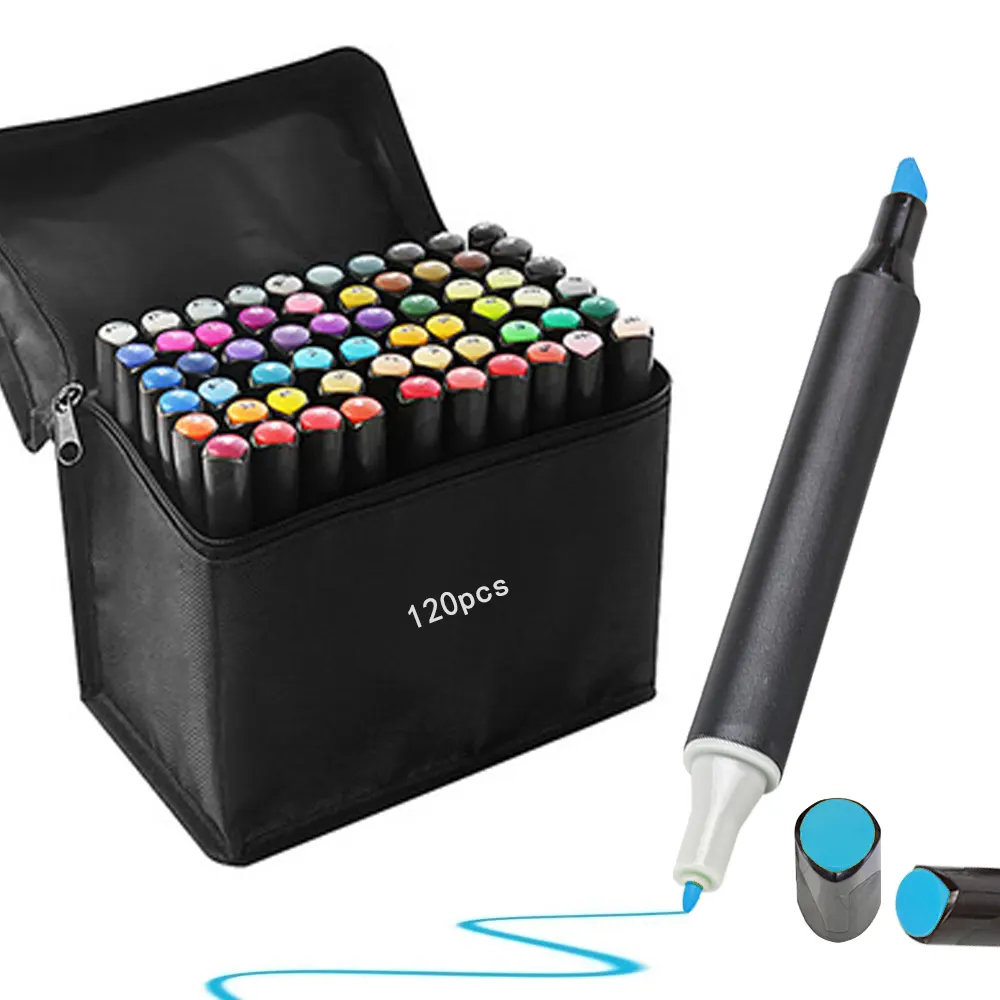 Sıcak satış 120 renkler sanatçı çizim makinesi kalemler, çift İpucu Marker kalem seti ile japon mürekkep ve hazretleri