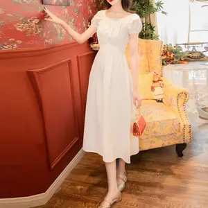 Thiết Kế Mới Phụ Nữ Thanh Lịch Slim White Puff Ngắn Tay Áo Dài Giản Dị Dresses Cho Mùa Hè