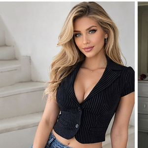 Sexy Deep V Pinstripe Cropped <b>Blazer</b> Top Women Slim Fit <b>Button</b> Front Short Sleeve Office Chic Business Casual Streetwear - Product Image 4