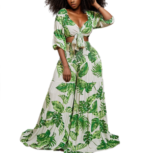 Ensemble 2 pièces tendance : Crop top extensible grande taille et pantalon plissé à imprimé feuilles à jambes larges - Product Image 2