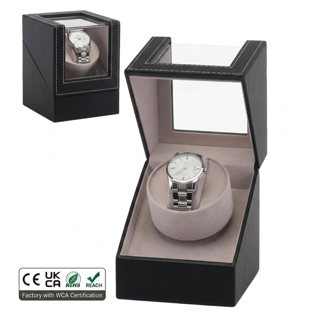 Classic PU Leather Single Watch Winder with Expansion Ring and Acrylic View Window for Luxury Automatic Watches WCA Certified
