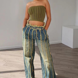 Pantalones Vaqueros Elásticos de Mezclilla para Mujer, Diseño de Varias Capas con Empalmes, Lavado Teñido, para las Cuatro Estaciones, en Oferta - Product Image 4