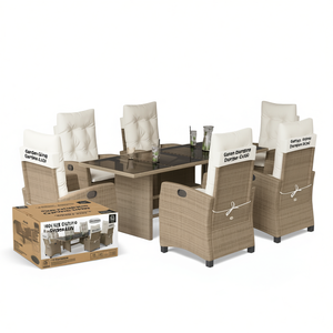 Set da Pranzo da Giardino in Rattan Beige per 6 Persone, Resistente alle Intemperie, Arredamento da Esterno in Stile Contemporaneo - Product Image 1